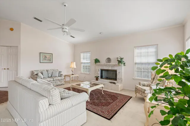 a living room with furniture a fireplace and a potted plant
