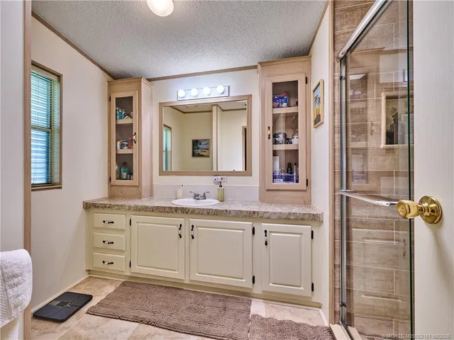 a bathroom with a granite countertop shower sink and mirror