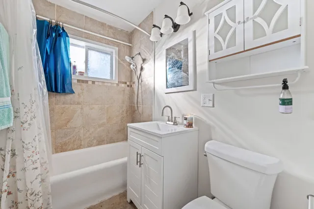 a bathroom with a sink toilet vanity and tub