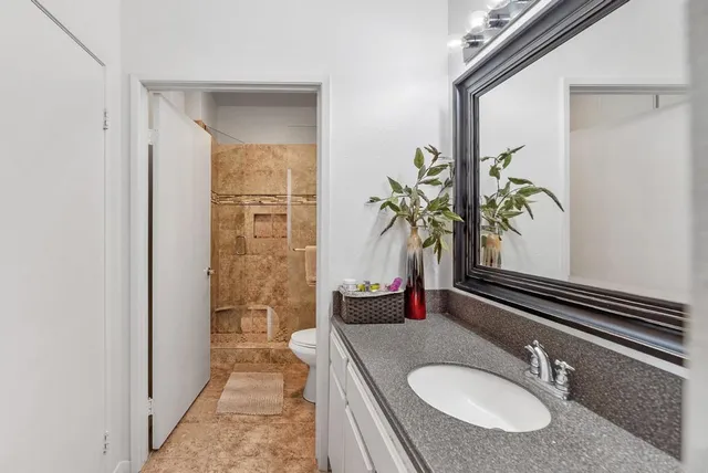 a bathroom with a granite countertop sink a toilet and a mirror