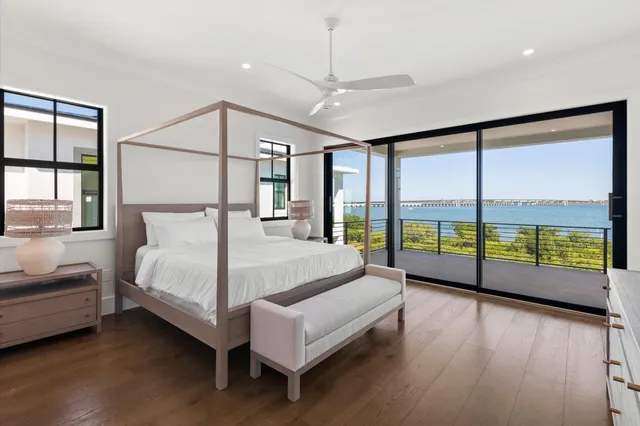 a spacious bedroom with a large bed and a large window