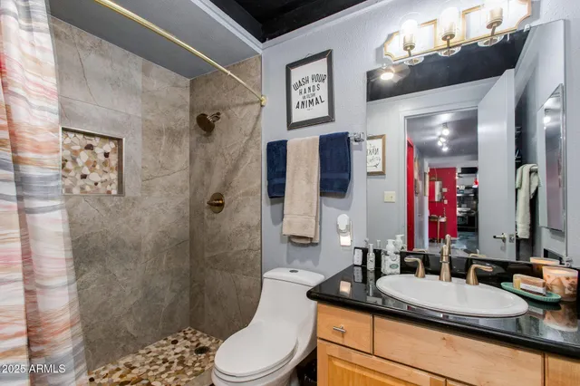 a bathroom with a granite countertop sink a toilet and shower