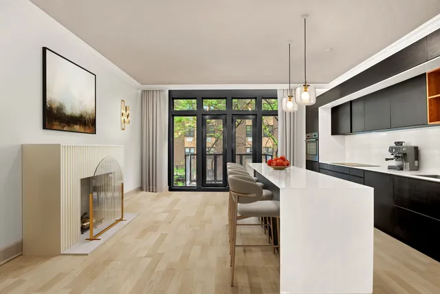 a living room with furniture a flat screen tv and a large window