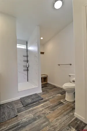 a bathroom with a toilet and a shower