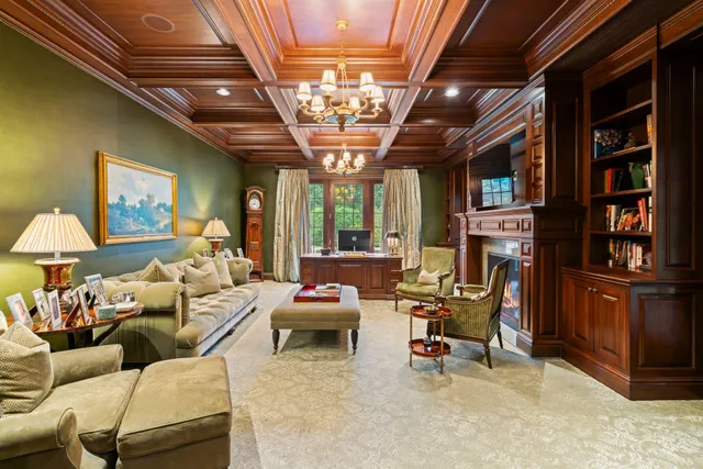 a living room with furniture a chandelier and a fireplace