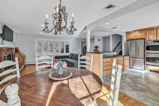 a view of a dining room with furniture
