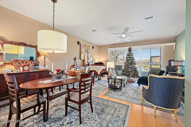a view of a dining room with furniture window and outside view