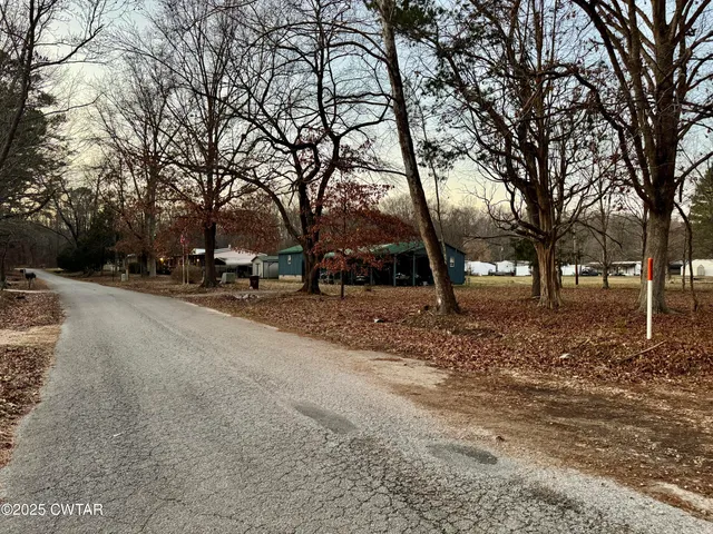 a view of a yard with trees beside of it