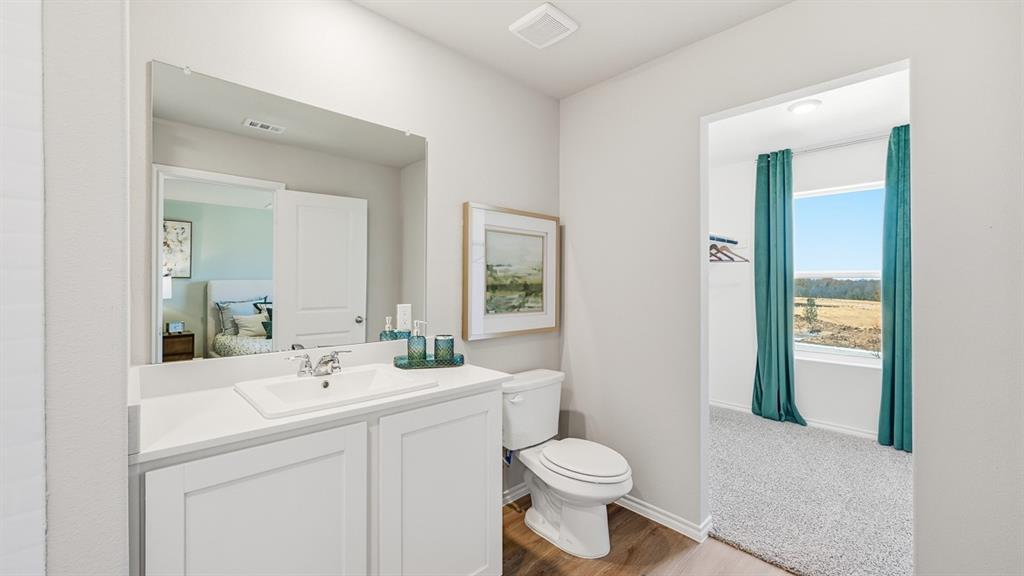 5424 Corduroy Road Krum, TX 76249 - Photo 16 of 38 a bathroom with a toilet a sink a mirror and vanity