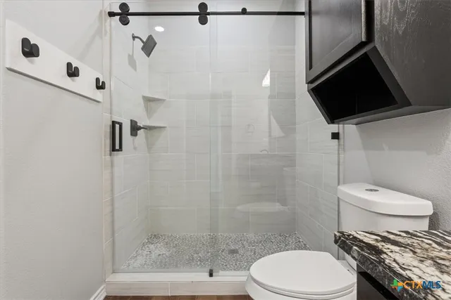 a bathroom with a toilet and a shower