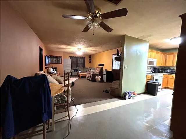 a living room with lots of furniture and kitchen view