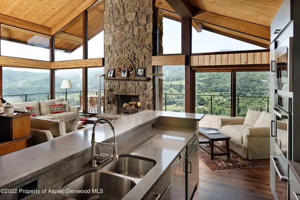 a living room with furniture a fireplace and a floor to ceiling window