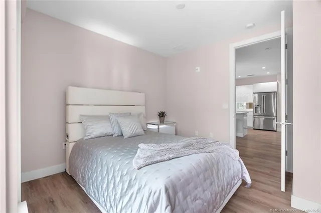 a view of a balcony with wooden floor