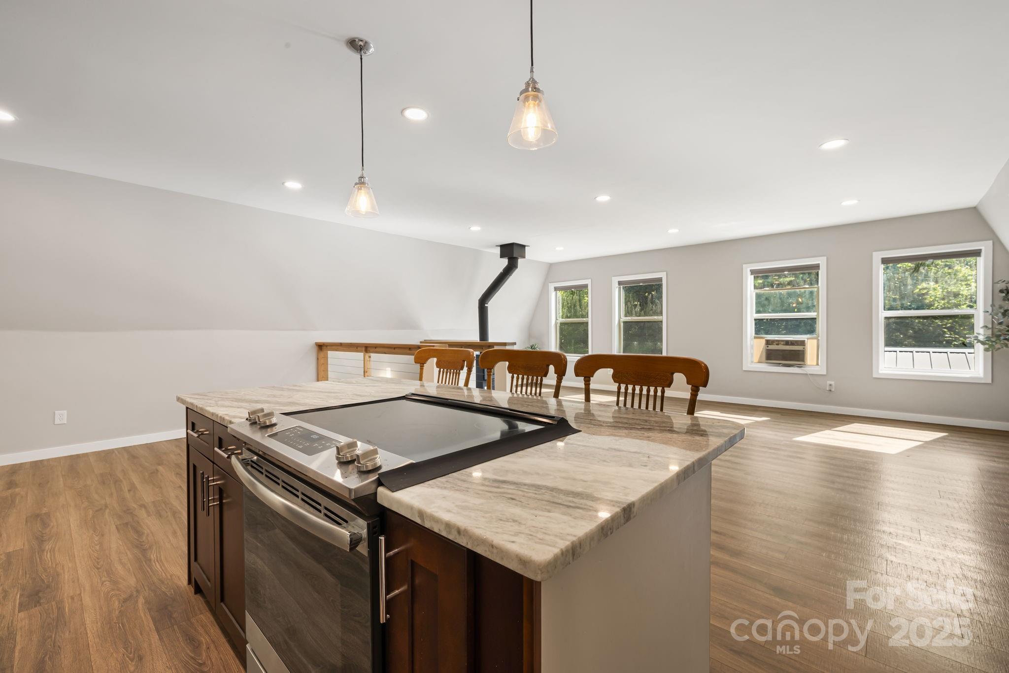 1101 Line Runner Ridge Road Rosman, NC 28772 - Photo 13 of 47 a kitchen with stainless steel appliances granite countertop a sink a stove and a wooden floor