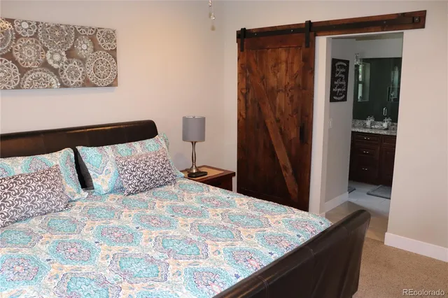 a bedroom with a bed and walk in closet