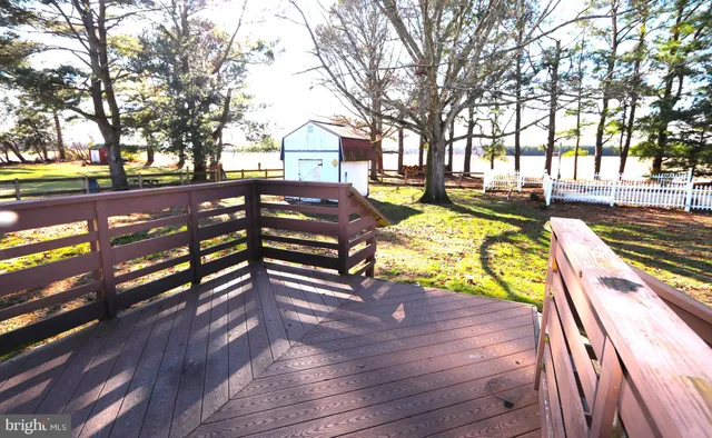 a view of a swimming pool with wooden deck and trees