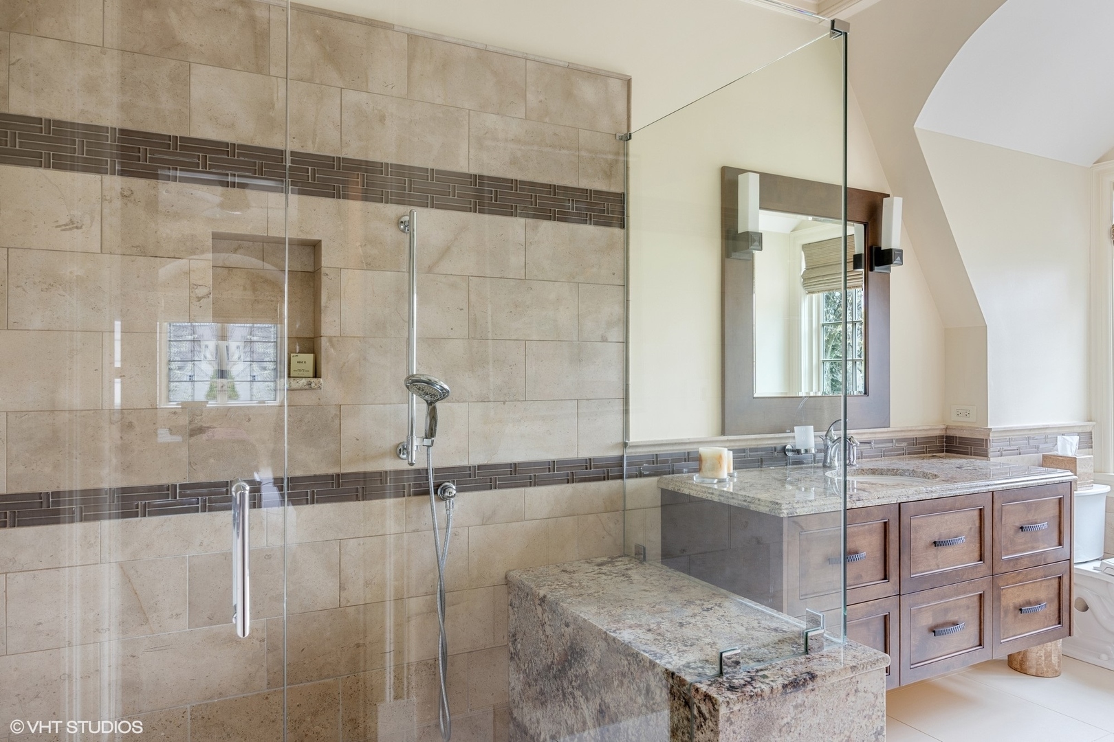 106 Longmeadow Road Winnetka, IL 60093 - Photo 37 of 66 a bathroom with a granite countertop sink and a mirror