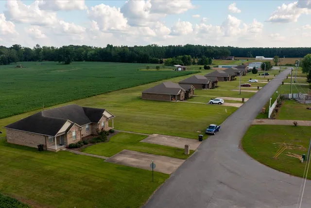 an aerial view of a house with a garden