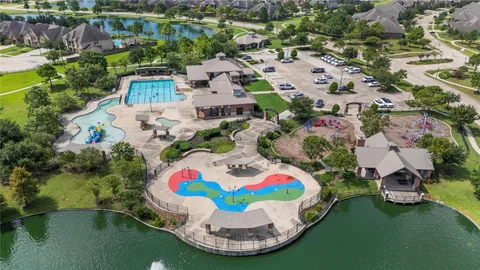 an aerial view of a swimming pool