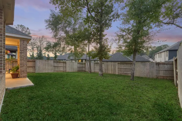 a view of a backyard with large trees and wooden fence
