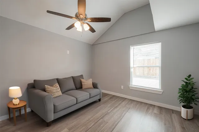 a living room with furniture and a potted plant