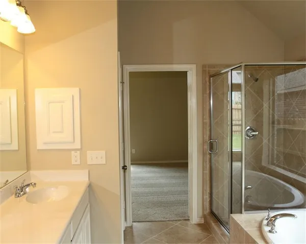 a bathroom with a tub shower sink and mirror