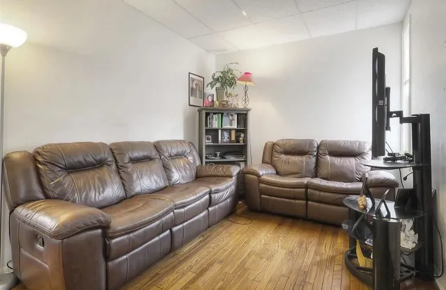 a living room with furniture a couch and a potted plant