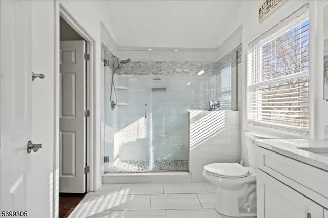 a bathroom with a granite countertop toilet a shower and a sink