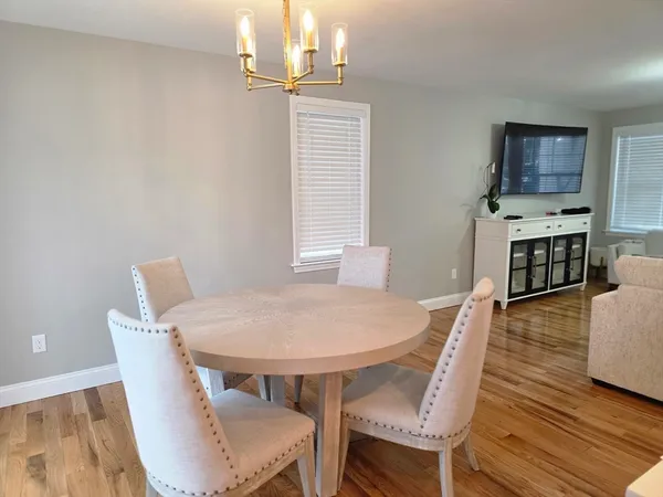 a view of a dining room with furniture window and wooden floor