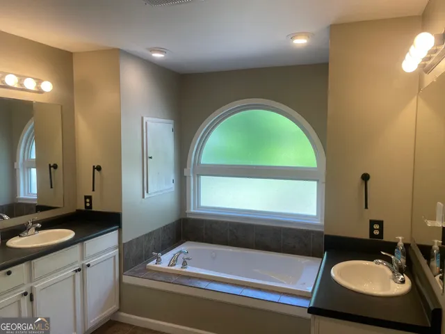 a bathroom with a sink tub double vanity and mirror