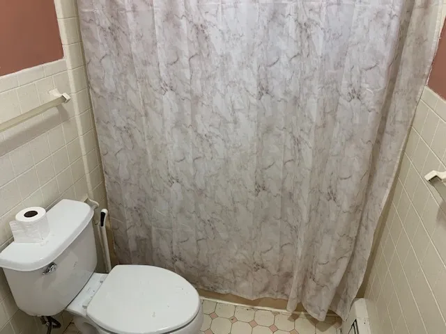 a white toilet sitting next to a shower curtain