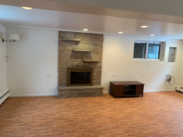 a room with a fireplace