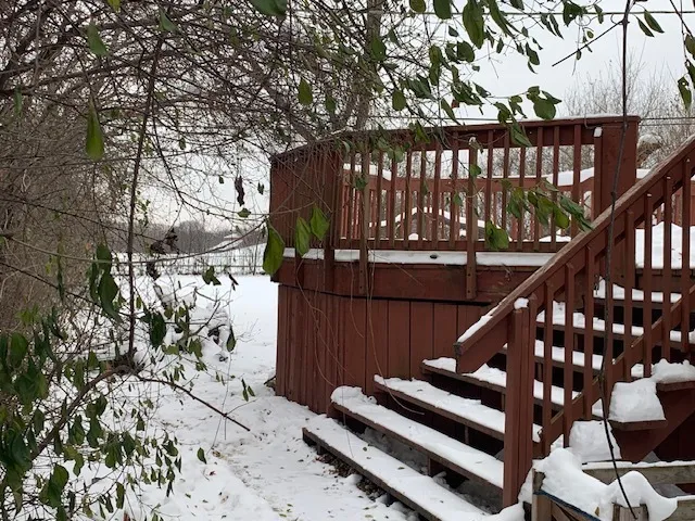 a wooden deck with trees in front of it