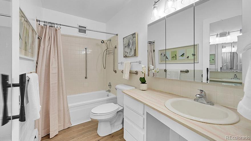 725 South Clinton Street, Unit 1B Denver, CO 80247 - Photo 9 of 22 a bathroom with a granite countertop sink toilet and shower