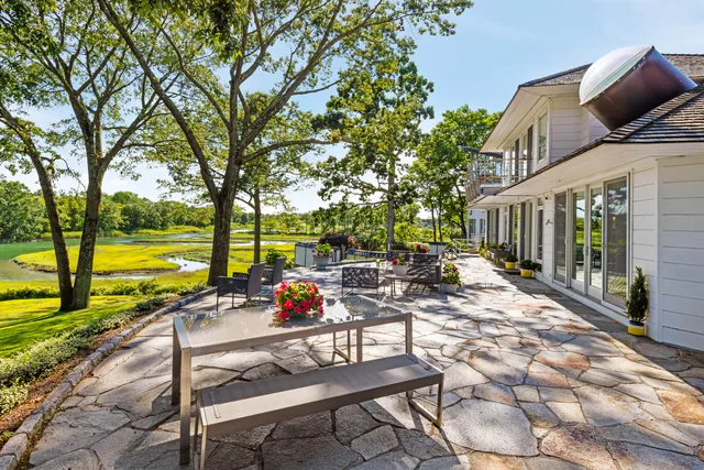 an outdoor space with seating