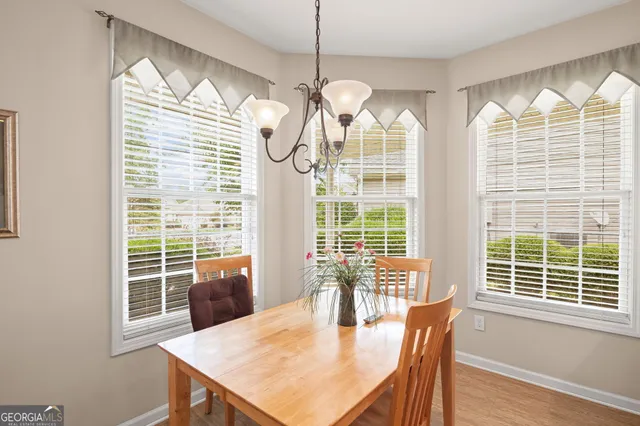 a view of a dining room with furniture windows and wooden floor