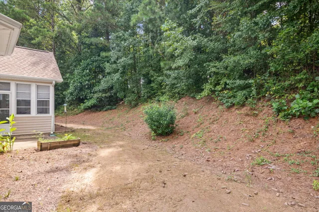 a view of backyard with outdoor seating and green space