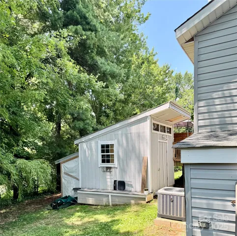 a view of a yard with plants and large tree
