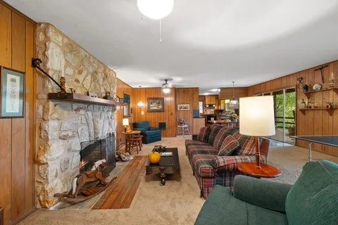 a living room with furniture and a fireplace