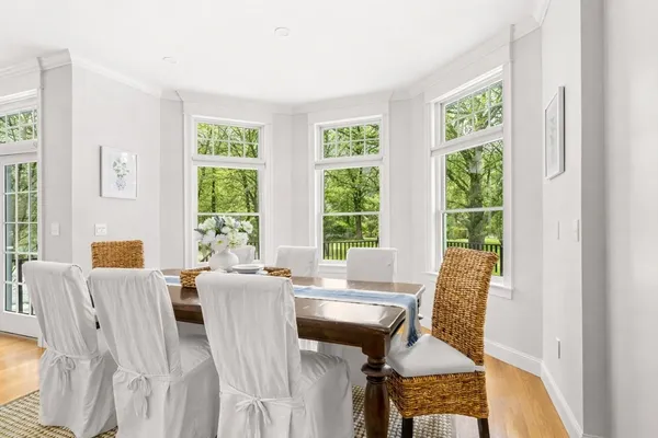 a view of a dining room with furniture window and outside view