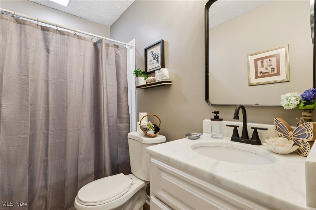 6370 Trumbull Road Geneva, OH 44041 - Photo 9 of 50 Full bath featuring vanity, a shower with curtain, a textured ceiling, and a skylight