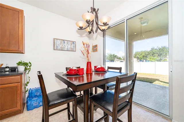 a view of a dining room with furniture window and outside view