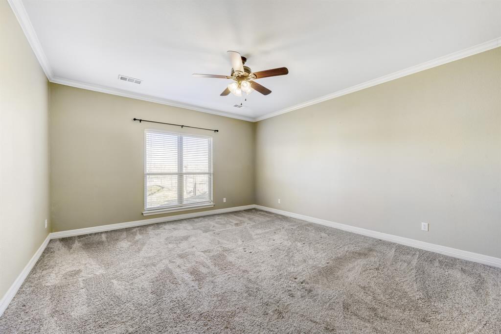 785 Schneider Road Howe, TX 75459 - Photo 17 of 40 Primary Bedroom- Empty room featuring carpet floors, ceiling fan, and ornamental molding