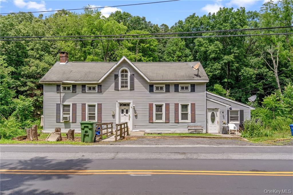 Colonial-style house featuring a chimney and a wooded view