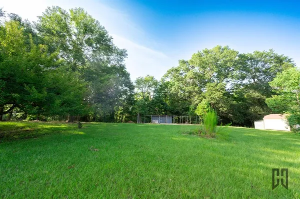a view of a grassy field with trees in the background