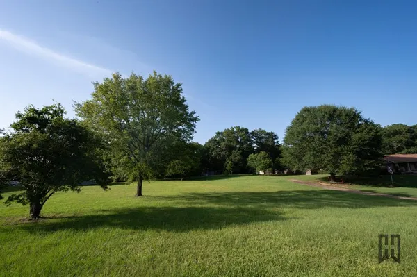 a view of a park with trees in the background