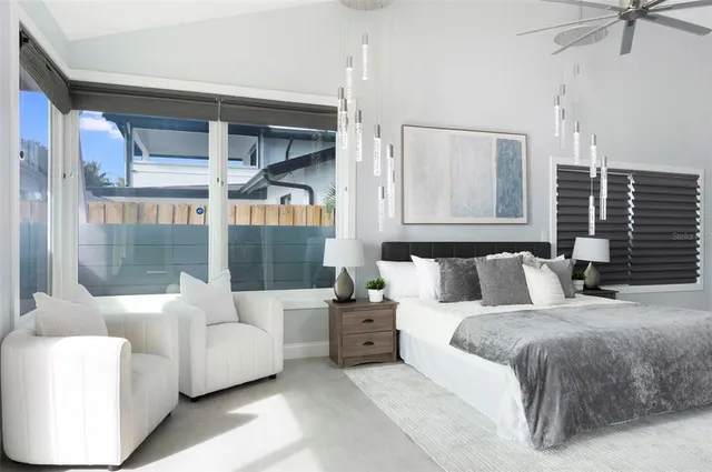 a bedroom with a large bed and a flat screen tv