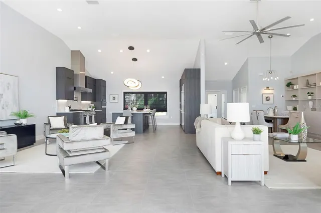a view of a dining room with furniture