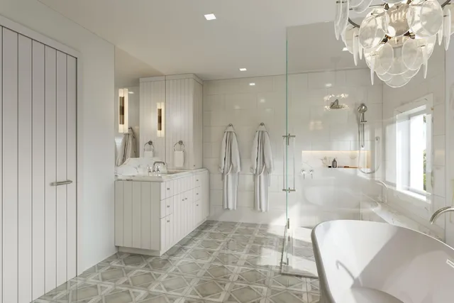 a bathroom with a double vanity sink mirror and shower