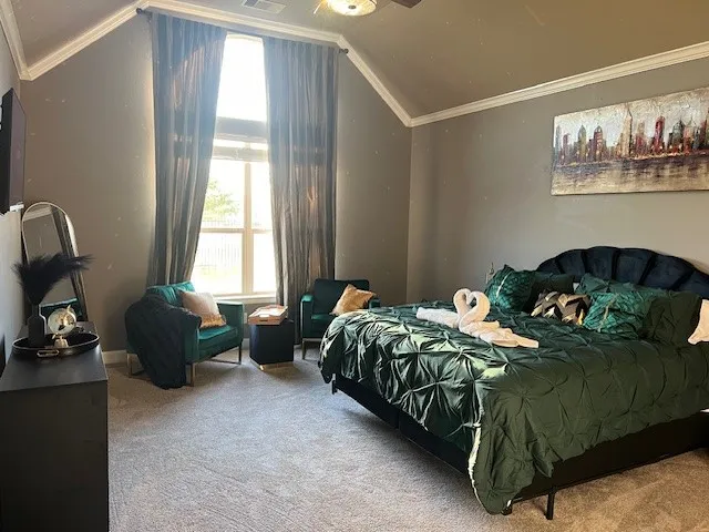 a bedroom with a bed and a couch